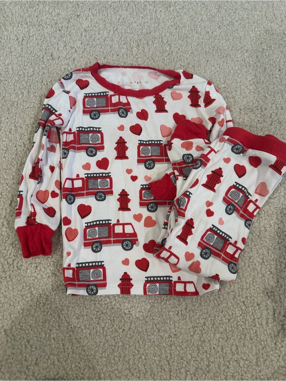 Baby Pajama Set - Teddy Bear & Firetruck Prints, White & Red READ DESCRIPTION